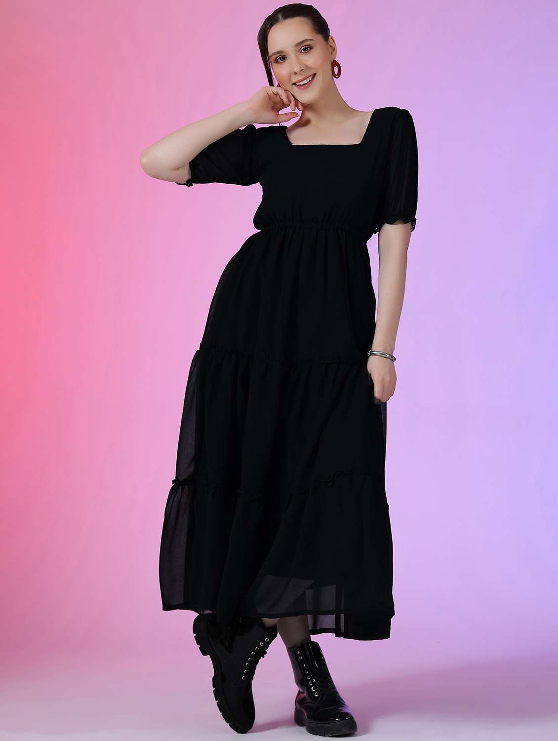 women solid puff sleeve tiered dress