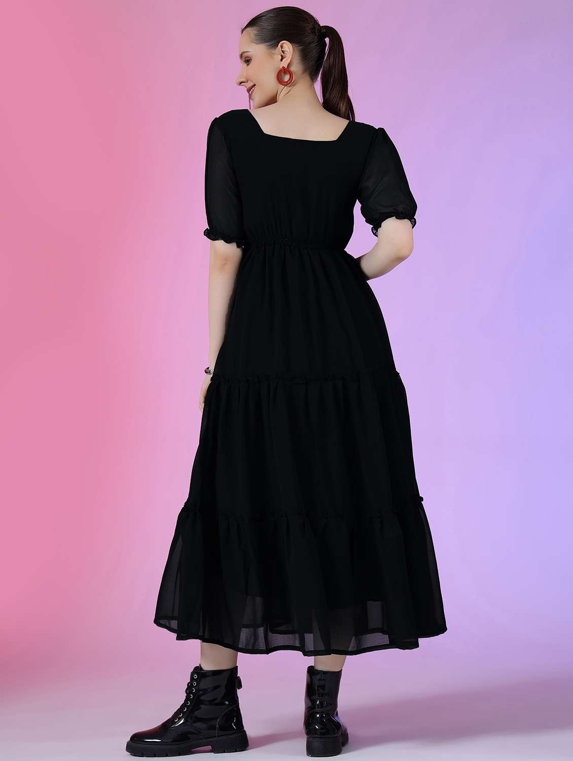 women solid puff sleeve tiered dress - 22051837 -  Standard Image - 2