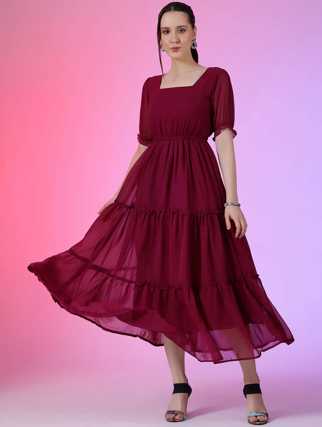 women solid puff sleeve tiered dress