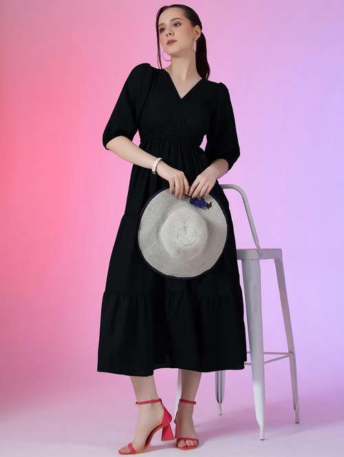 women solid puff sleeve tiered dress - 22051851 -  Standard Image - 0