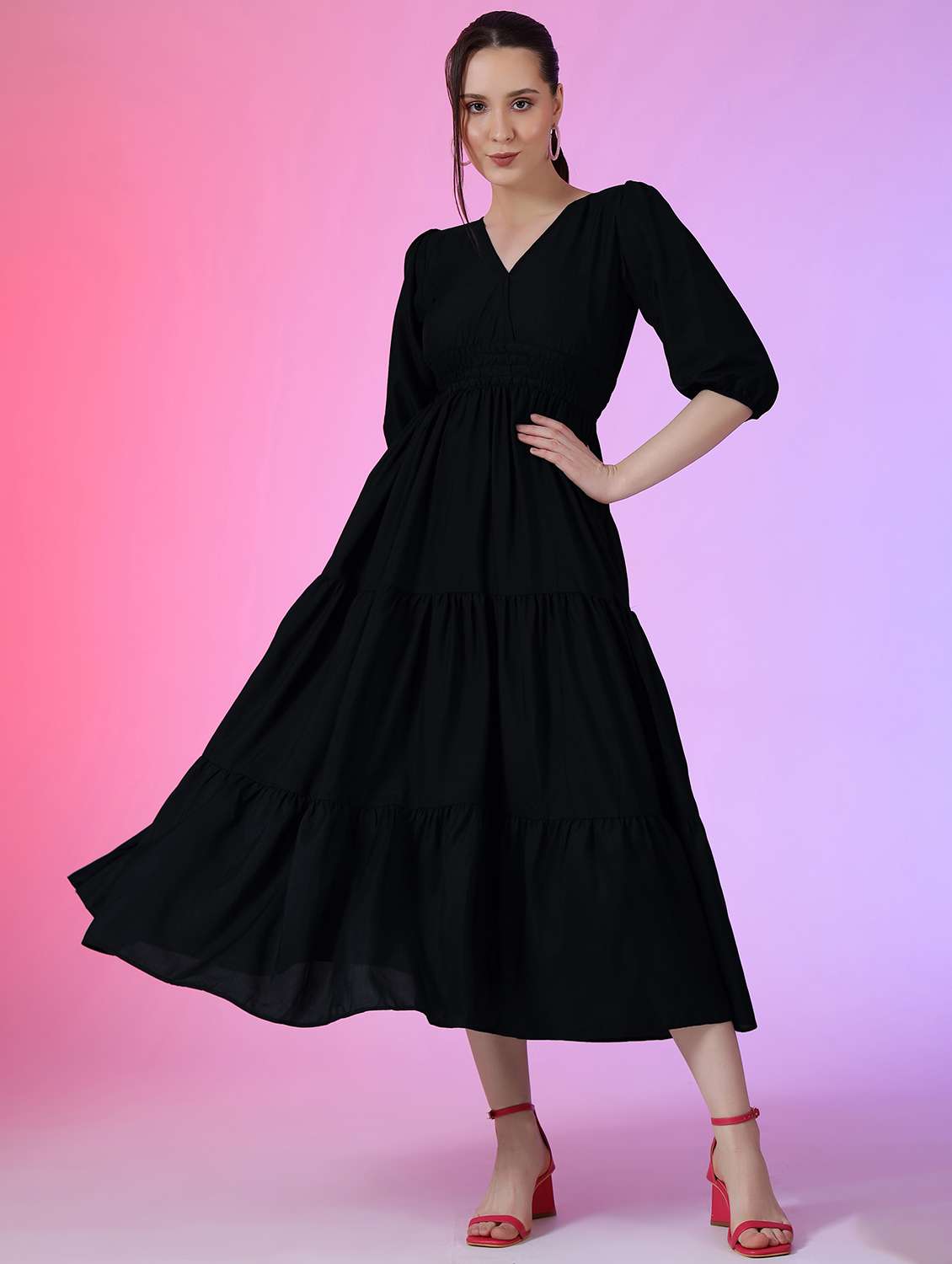 women solid puff sleeve tiered dress