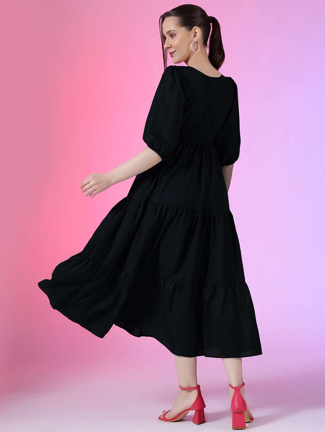 women solid puff sleeve tiered dress - 22051859 -  Standard Image - 2