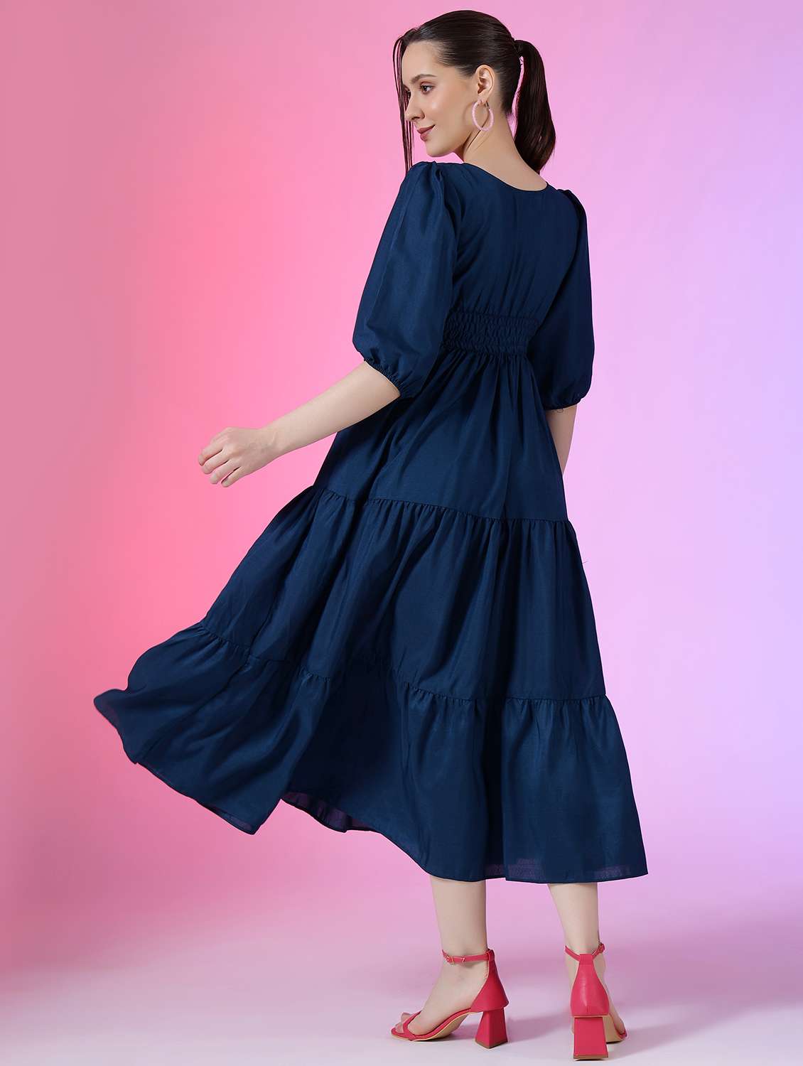women solid puff sleeve tiered dress - 22051860 -  Standard Image - 2