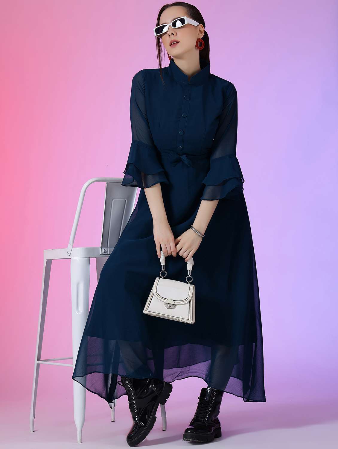 women solid bell sleeve a-line maxi dress