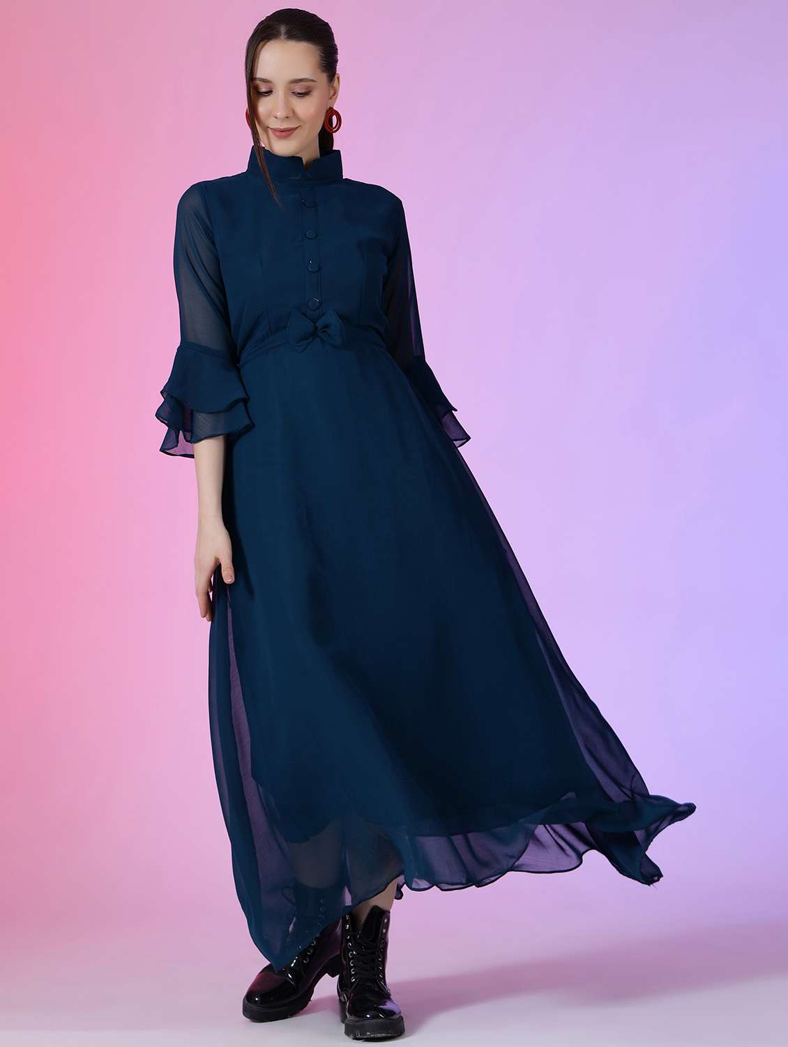 women solid bell sleeve a-line maxi dress
