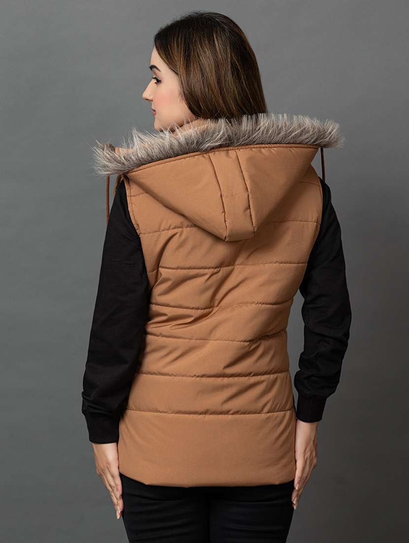 women solid sleeveless hooded parka jacket - 22051953 -  Standard Image - 2