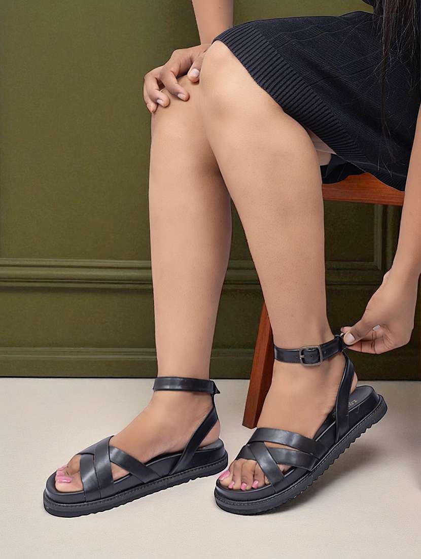 women black solid ankle strap sandal - 22051981 - Zoom Image - 0