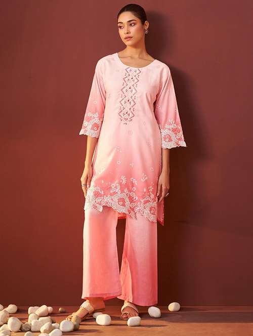 women three quarter sleeve regular fit ethnic co-ord set - 22052040 -  Standard Image - 0
