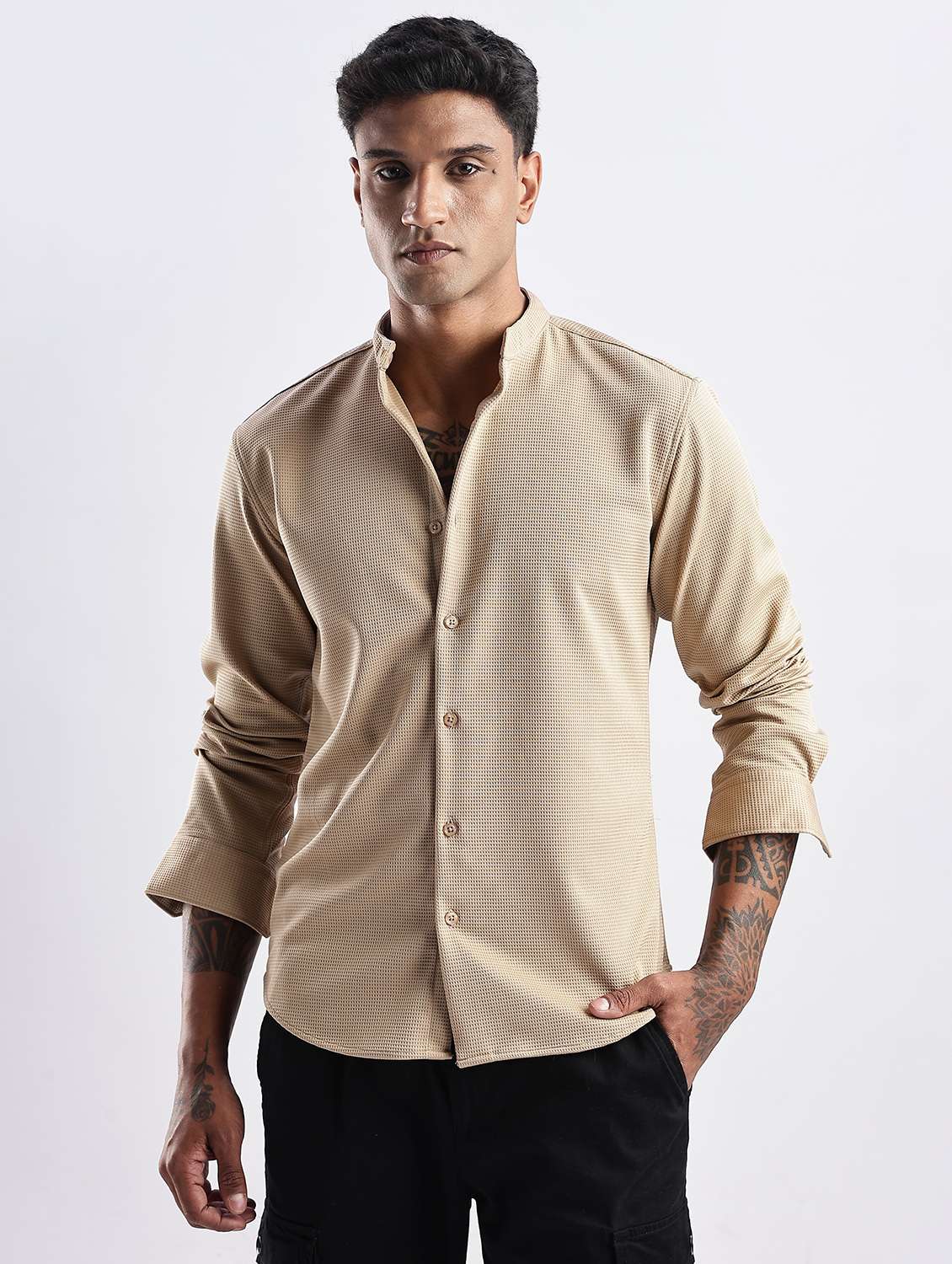 men solid mandarin collar long sleeve regular fit shirt - 22052147 -  Standard Image - 2