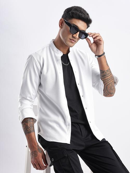 men solid mandarin collared long sleeve regular fit shirt - 22052148 - Standard Image - 0