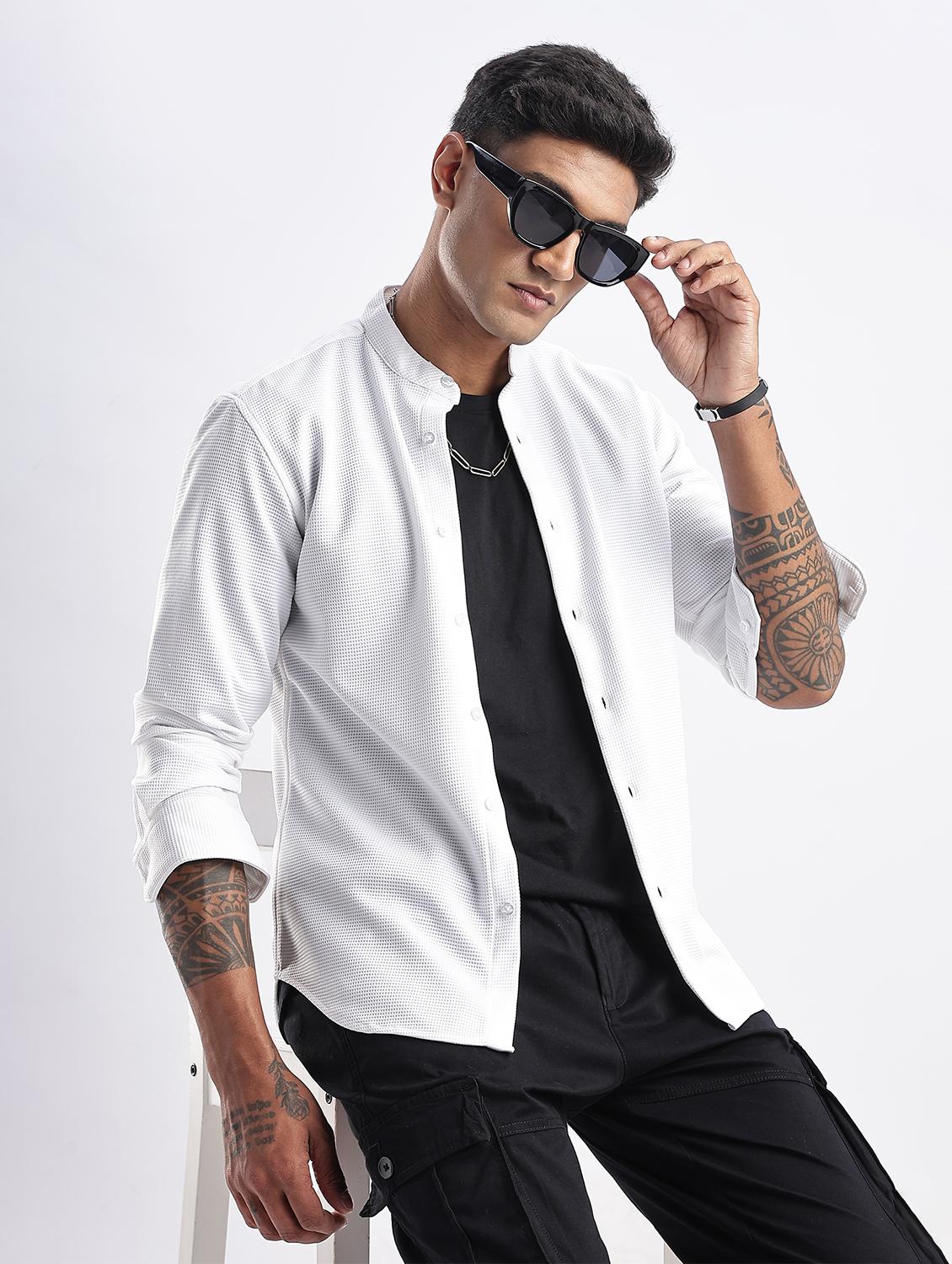 men solid mandarin collared long sleeve regular fit shirt - 22052148 - Zoom Image - 0