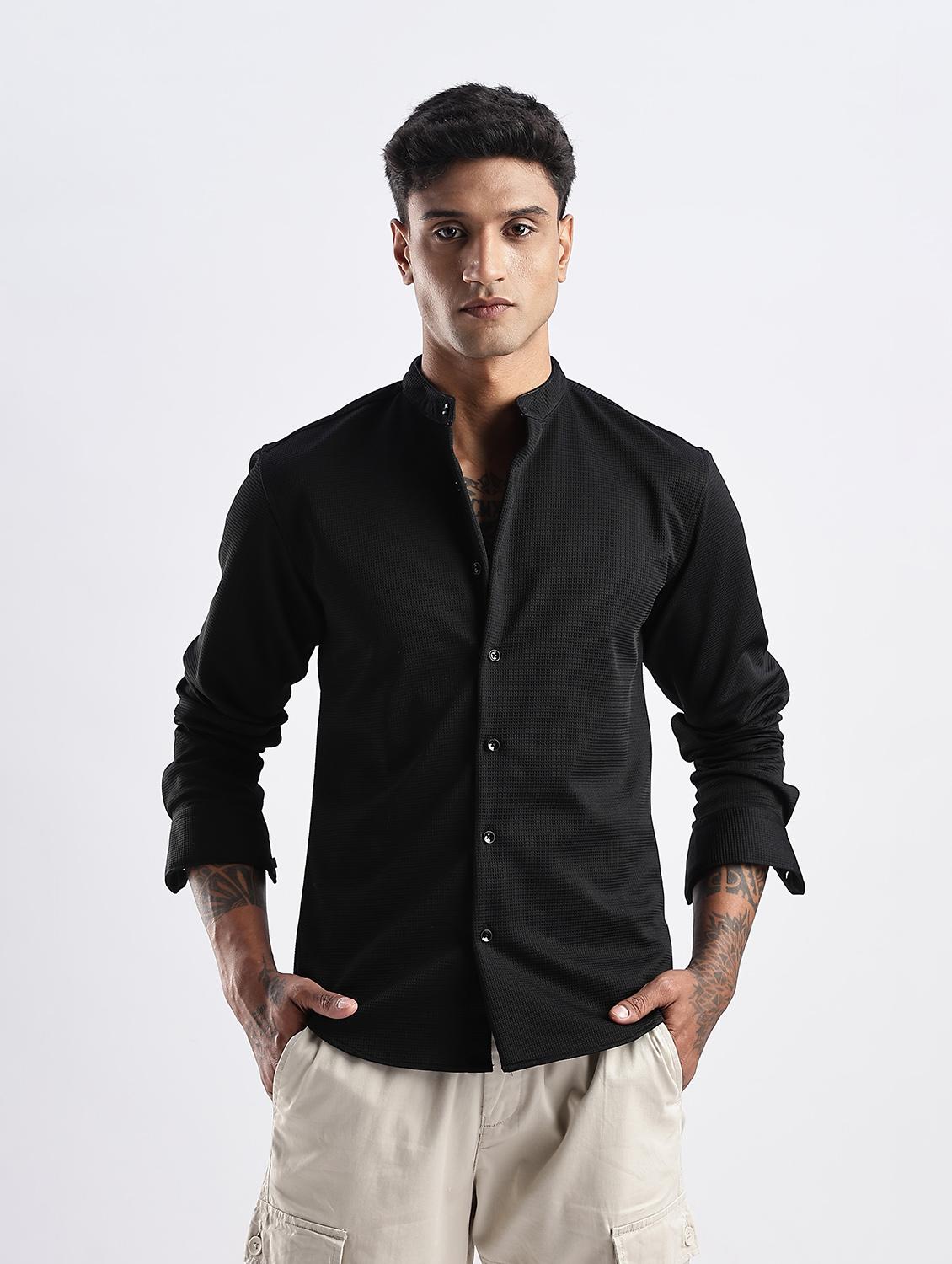 men solid mandarin collared long sleeve regular fit shirt - 22052149 - Standard Image - 2