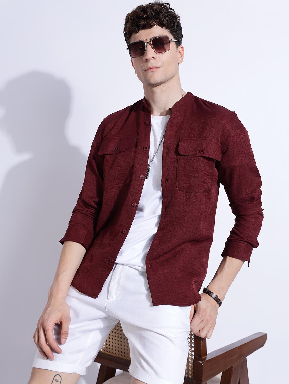 men solid mandarin collar long sleeve regular fit shirt - 22052192 - Zoom Image - 0
