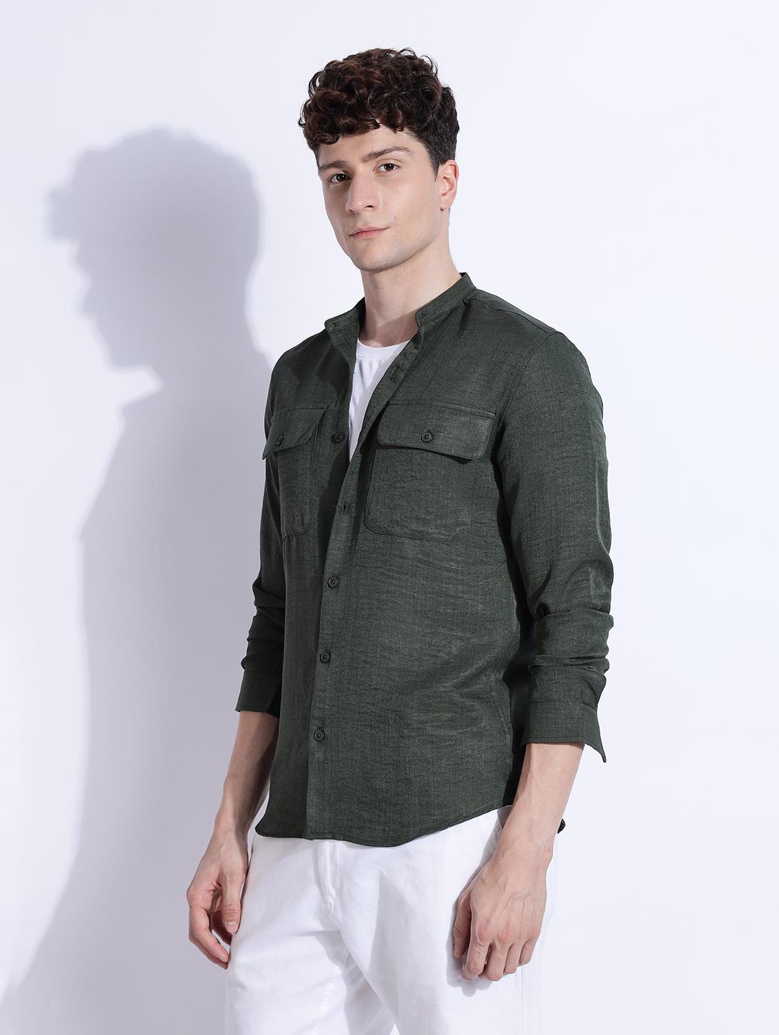 men solid mandarin collar long sleeve regular fit shirt - 22052195 - Standard Image - 2