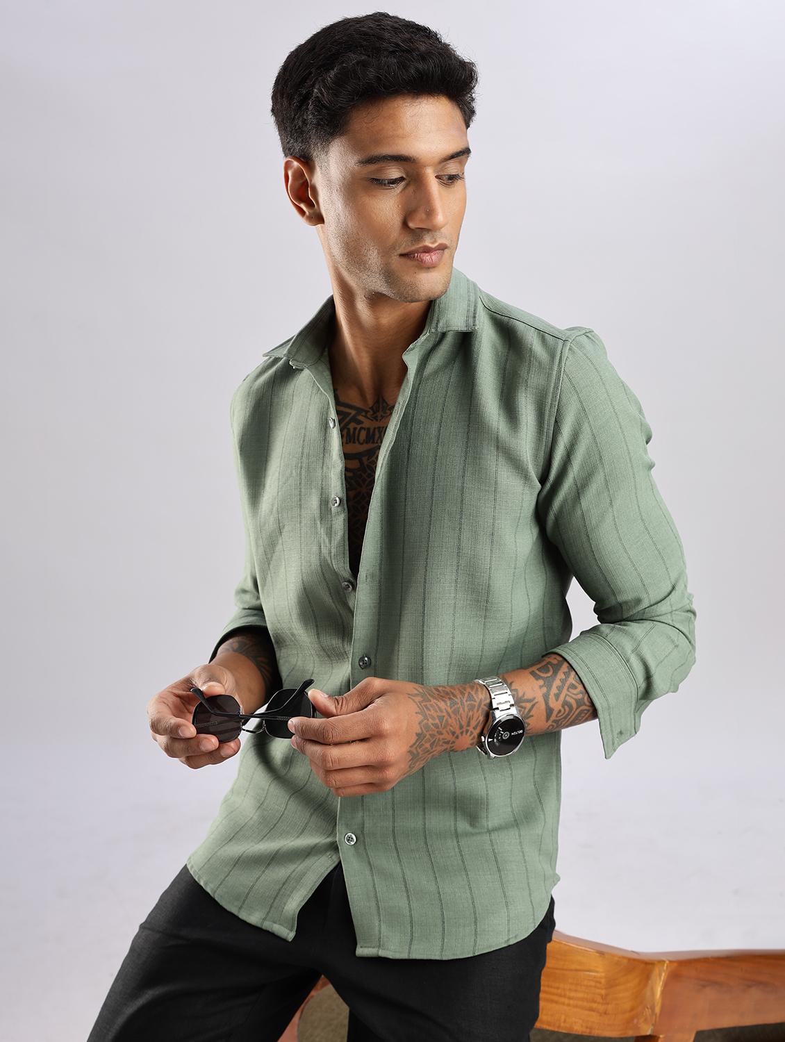 men striped collared long sleeve regular fit shirt - 22052208 - Standard Image - 2