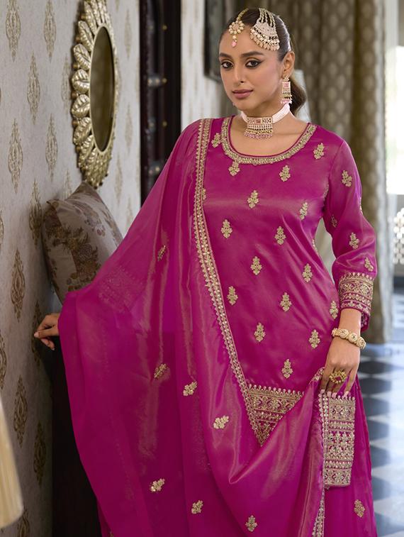 women embroidered three quarter sleeve kurta palazzo with dupatta set - 22052729 - Standard Image - 2