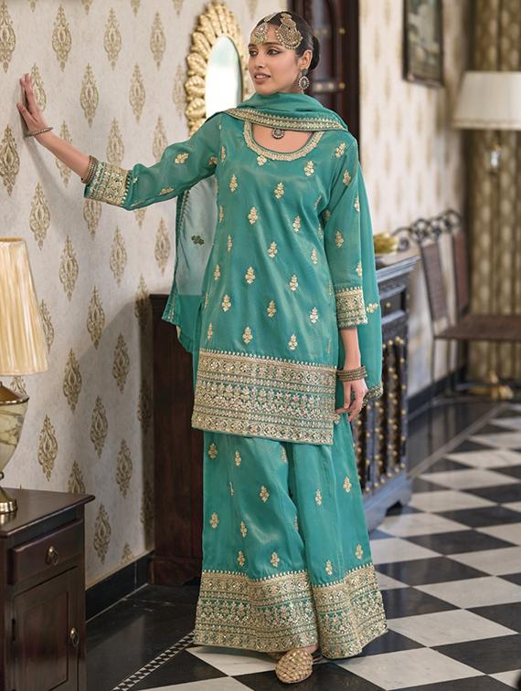 women embroidered three quarter sleeve kurta palazzo with dupatta set - 22052730 - Zoom Image - 0