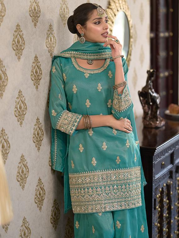 women embroidered three quarter sleeve kurta palazzo with dupatta set - 22052730 - Standard Image - 2
