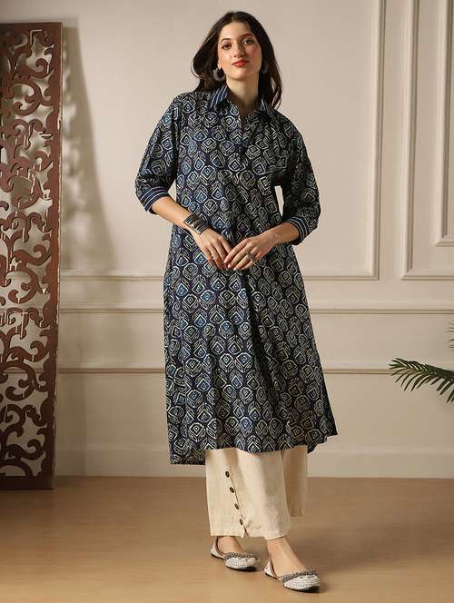 globus women indigo collared neck ethnic floral print a-line fusion shirt style kurta - 22052914 - Standard Image - 0