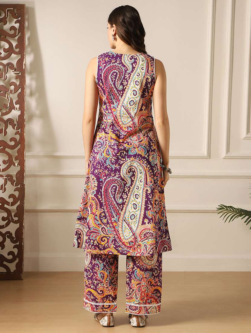 globus women purple paisley ethnic print lace detail v-neck sleeveless a-line kurta & pant fusion set - 22052917 -  Standard Image - 2