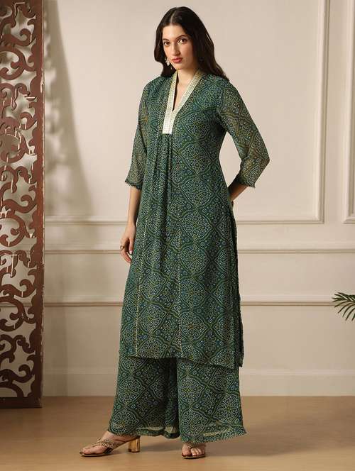 globus women green zari lace v-neck bandhini print panelled gotta patti georgette a-line kurta & palazzos festive set - 22052918 - Standard Image - 0