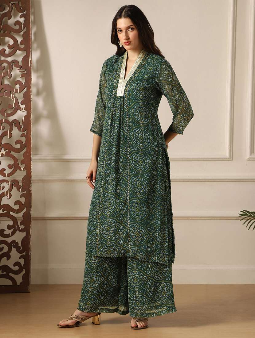 globus women green zari lace v-neck bandhini print panelled gotta patti georgette a-line kurta & palazzos festive set - 22052918 - Zoom Image - 0