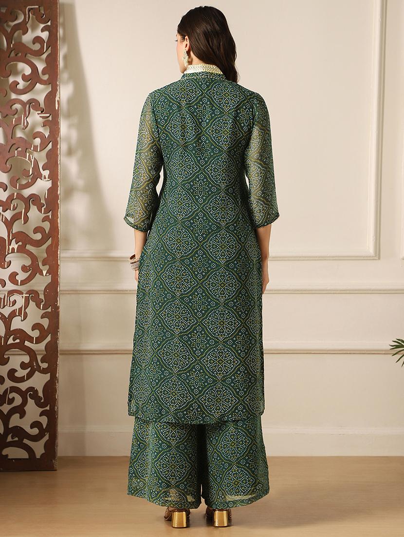women bandhani printed v neck kurta palazzo set - 22052918 - Standard Image - 2