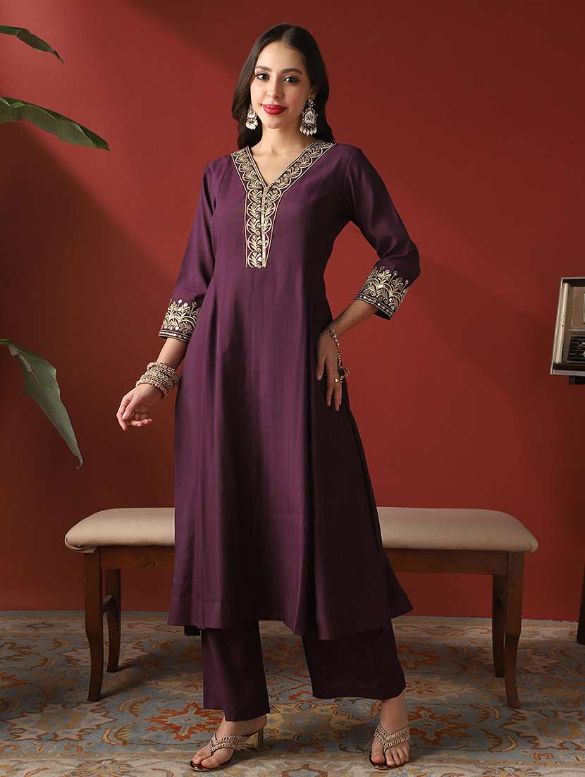 globus women purple zari embroidered v-neck panelled anarkali kurta & wide leg pants festive set