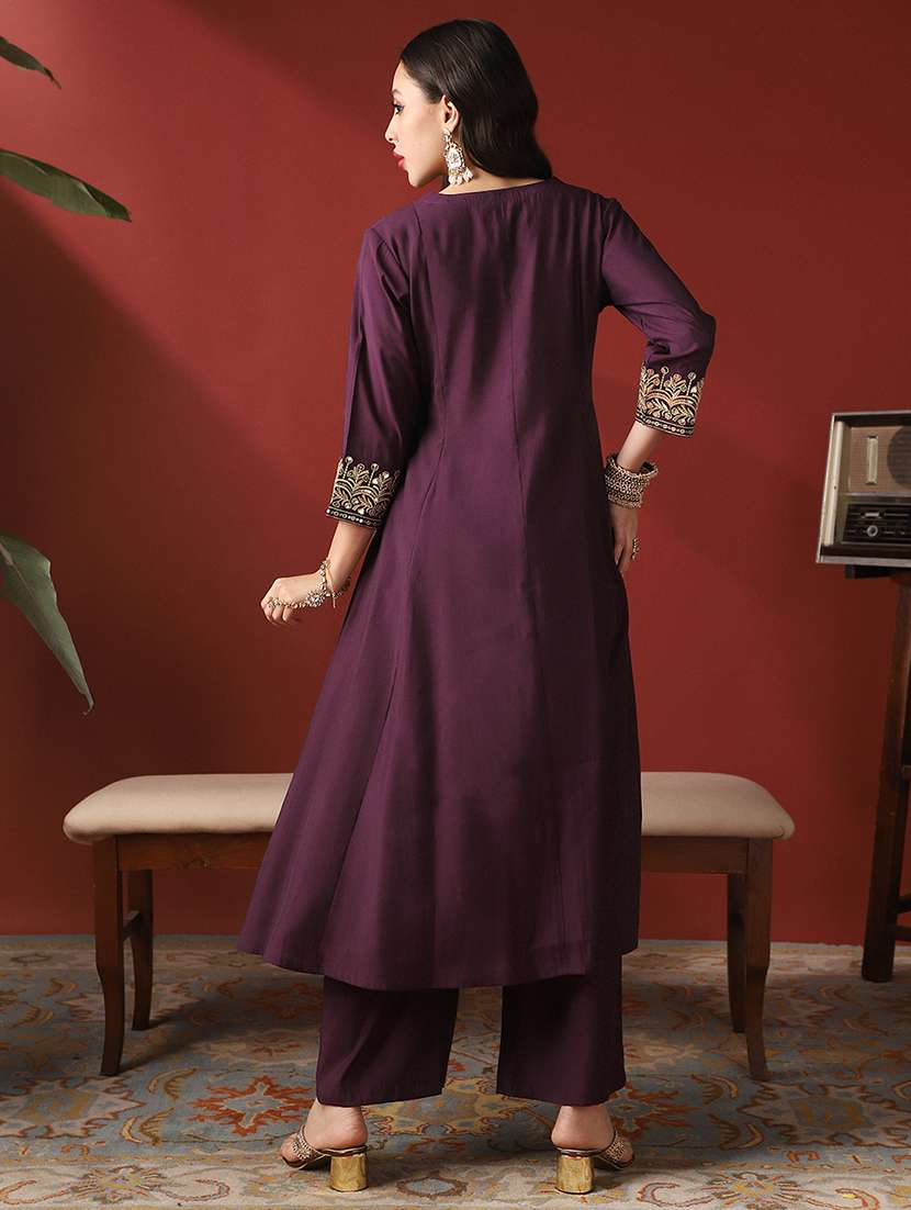 globus women purple zari embroidered v-neck panelled anarkali kurta & wide leg pants festive set - 22052919 -  Standard Image - 2