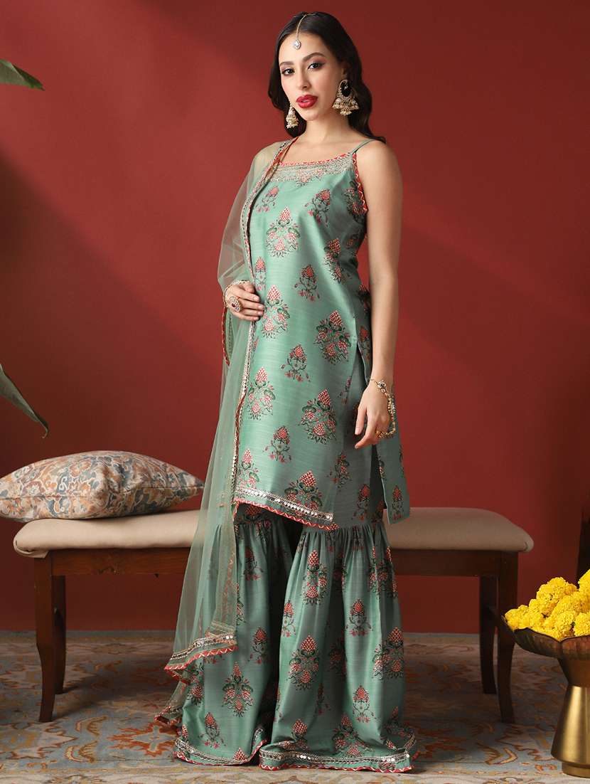 globus women mint ethnic print embroidered round neck strappy sleeves kurta with sharara & dupatta festive set - 22052920 -  Standard Image - 2