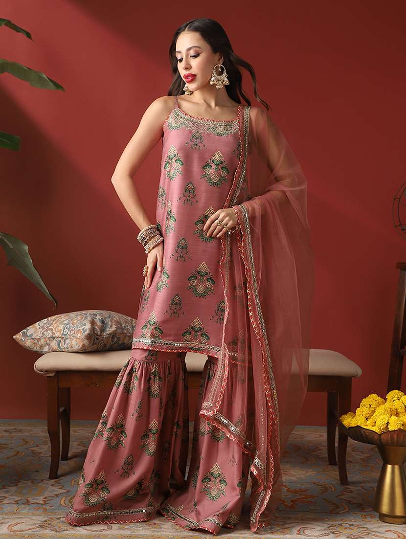 globus women pink ethnic print embroidered round neck strappy sleeves kurta with sharara & dupatta festive set
