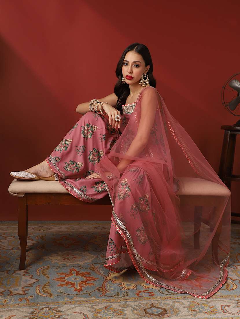 globus women pink ethnic print embroidered round neck strappy sleeves kurta with sharara & dupatta festive set - 22052921 -  Standard Image - 2