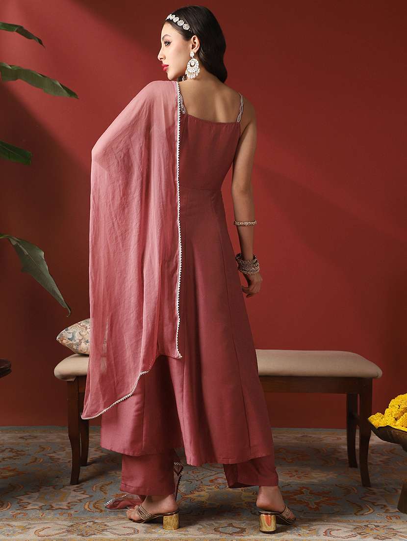 globus women rust sequinned emboridered yoke round neck strappy sleeves anarkali kurta with pant & dupatta festive set - 22052922 -  Standard Image - 2