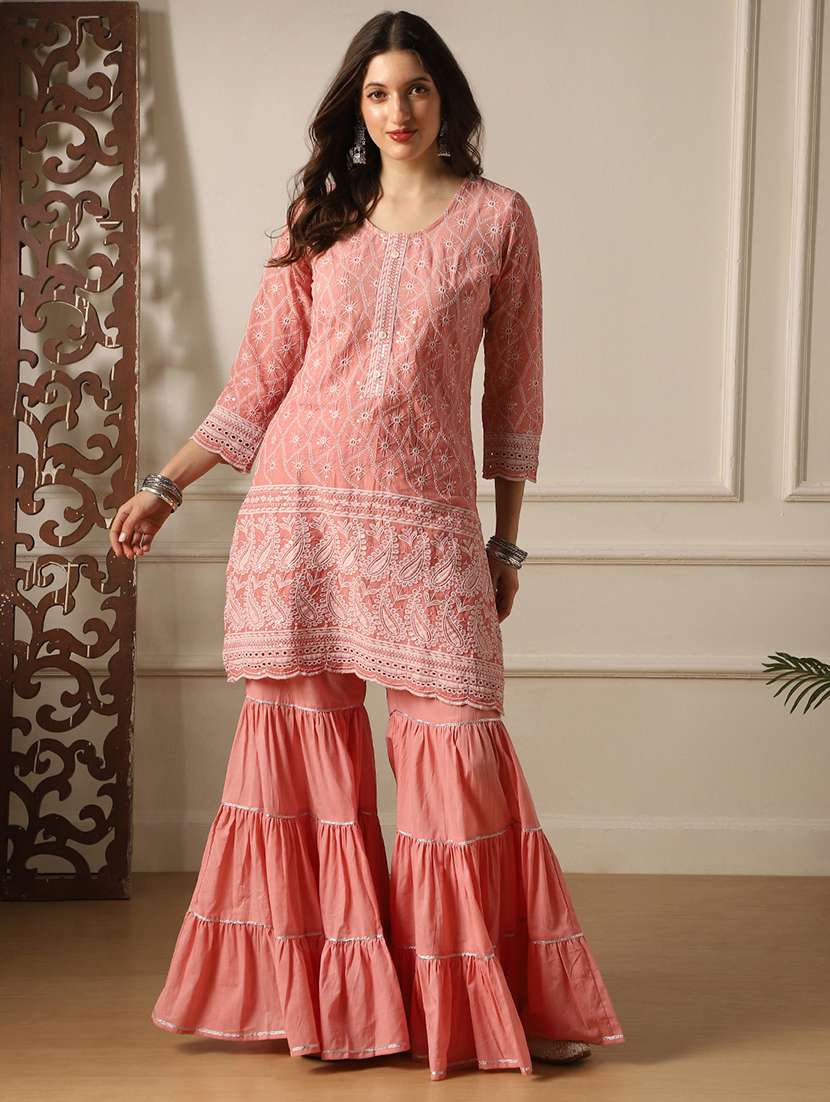 globus women pink round neck sequinned detail scalloped hem straight chikankari kurta & sharara festive set