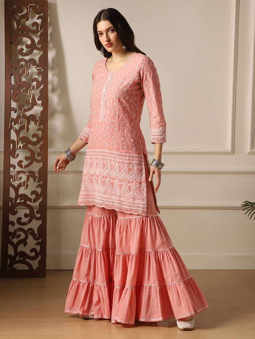 globus women pink round neck sequinned detail scalloped hem straight chikankari kurta & sharara festive set - 22052923 -  Standard Image - 2