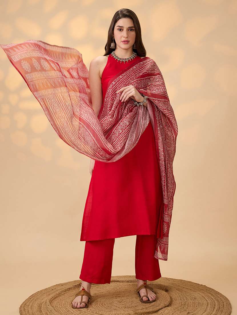 globus women red halter neck solid a-line kurta with pants & printed dupatta festive set - 22052924 -  Standard Image - 2