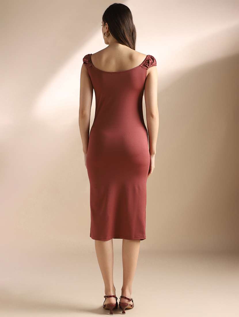 globus women rust sweetheart neck tie-ups detail gathered midi bodycon dress - 22052933 -  Standard Image - 2
