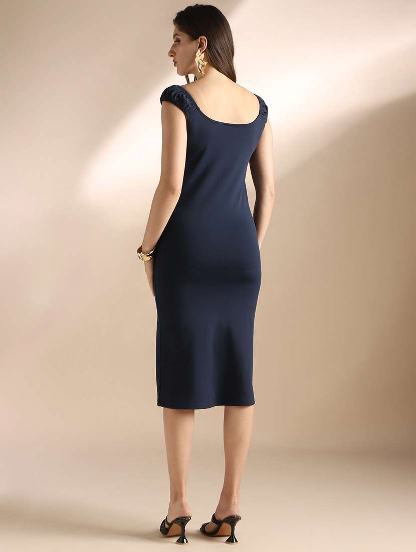globus women blue sweetheart neck tie-ups detail gathered midi bodycon dress - 22052934 -  Standard Image - 2