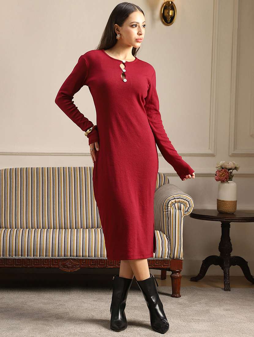 globus women maroon keyhole neck long sleeves side slit ribbed midi bodycon dress - 22052935 - Standard Image - 2