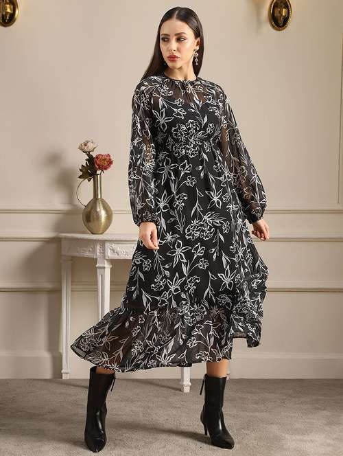 globus women black allover floral printed bishop sleeves gathered & pleat tiered fit & flare midi dress - 22052943 -  Standard Image - 0