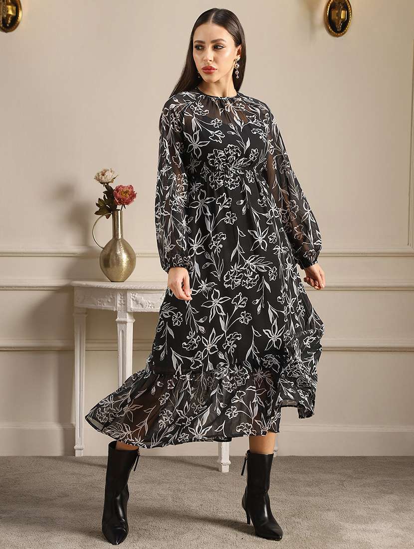 globus women black allover floral printed bishop sleeves gathered & pleat tiered fit & flare midi dress - 22052943 -  Zoom Image - 0