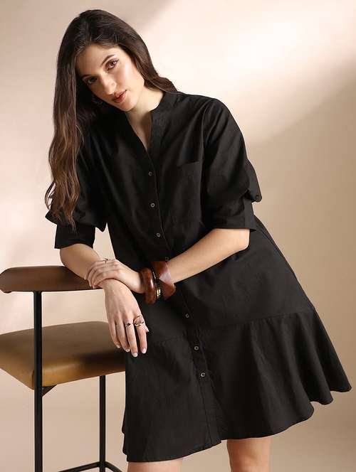 globus women black mandarin collar puff sleeves flared hem shirt style mini dress - 22052946 -  Standard Image - 0