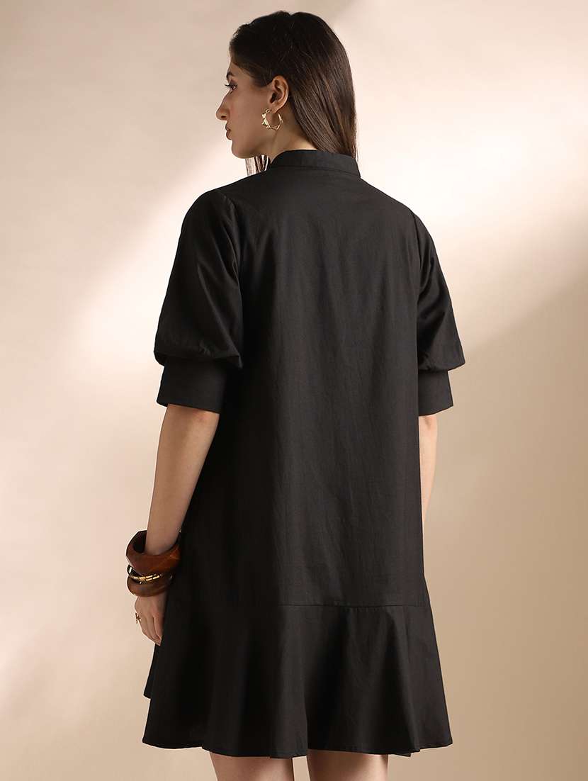 globus women black mandarin collar puff sleeves flared hem shirt style mini dress - 22052946 -  Standard Image - 2