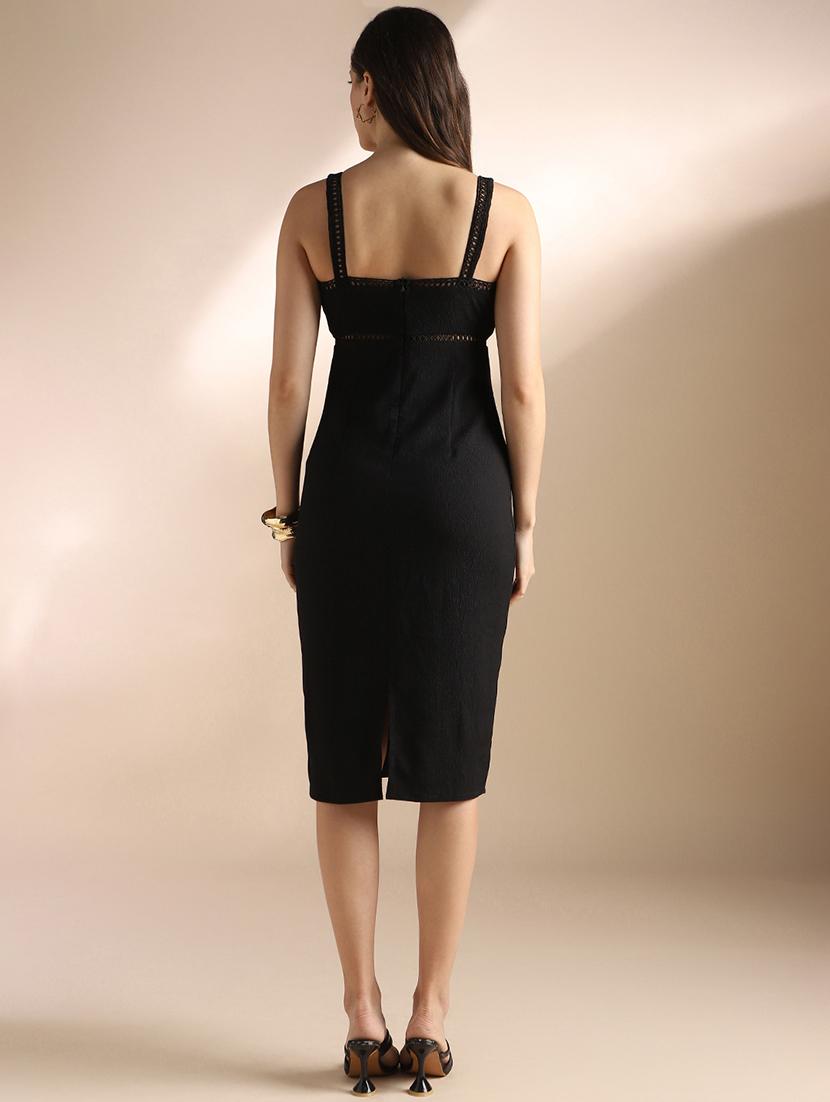 globus women jet black self design strappy sleeves lace inserts back slit bodycon midi party dress - 22052947 - Standard Image - 2