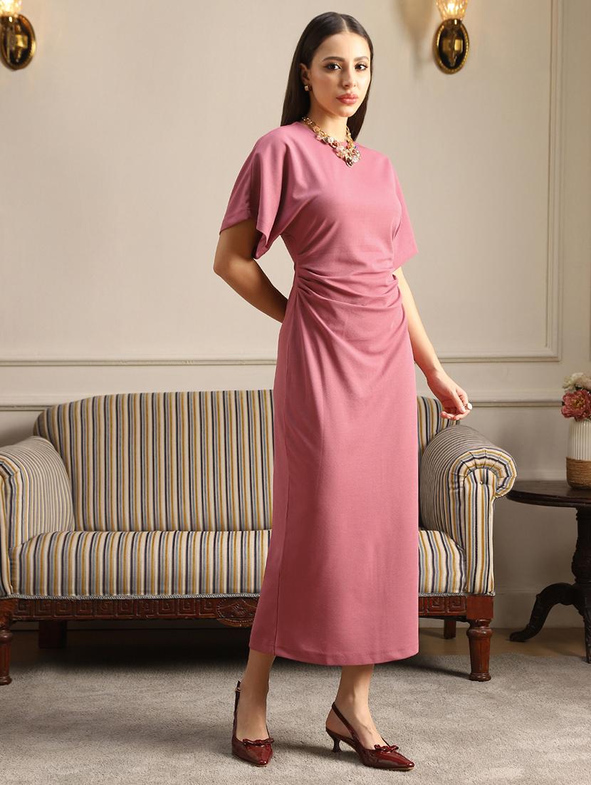 women pink solid short sleeve shift dress - 22052953 - Standard Image - 2