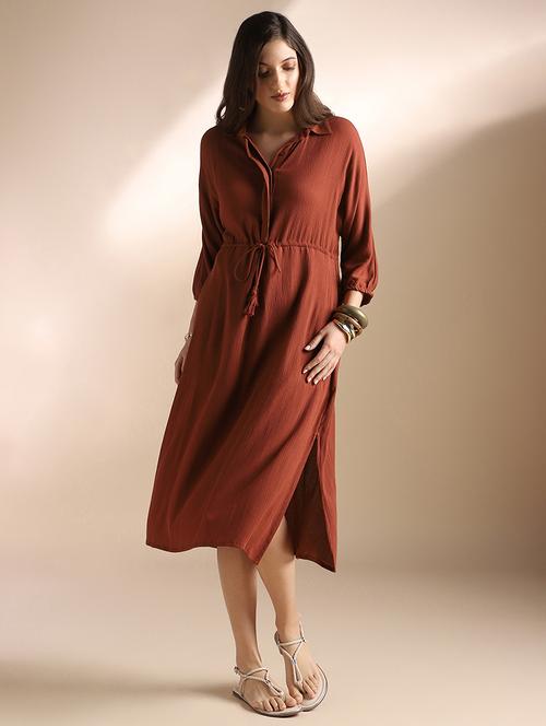 women brown solid collared shirt dress - 22052954 - Standard Image - 0