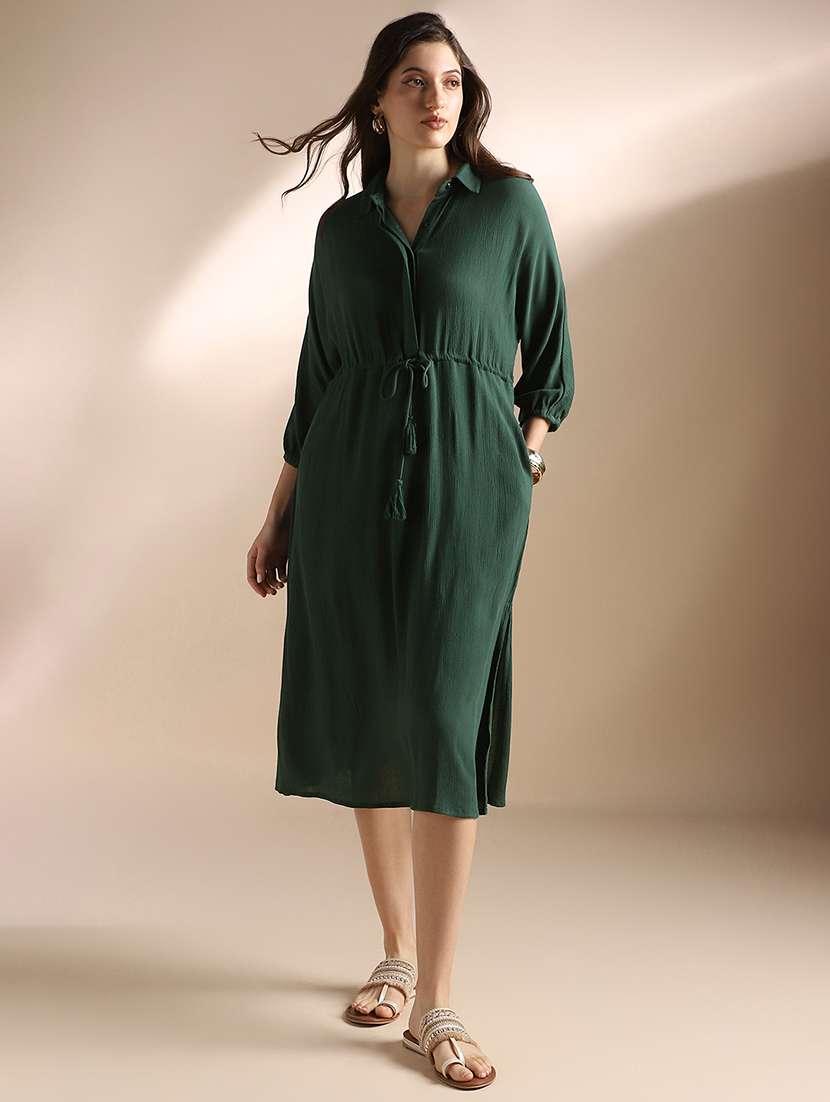 globus women green self design collared neck waist tie-ups shirt style fit & flare midi workwear dress