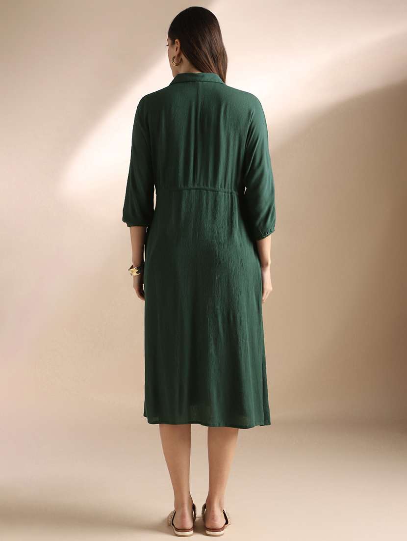 globus women green self design collared neck waist tie-ups shirt style fit & flare midi workwear dress - 22052955 -  Standard Image - 2