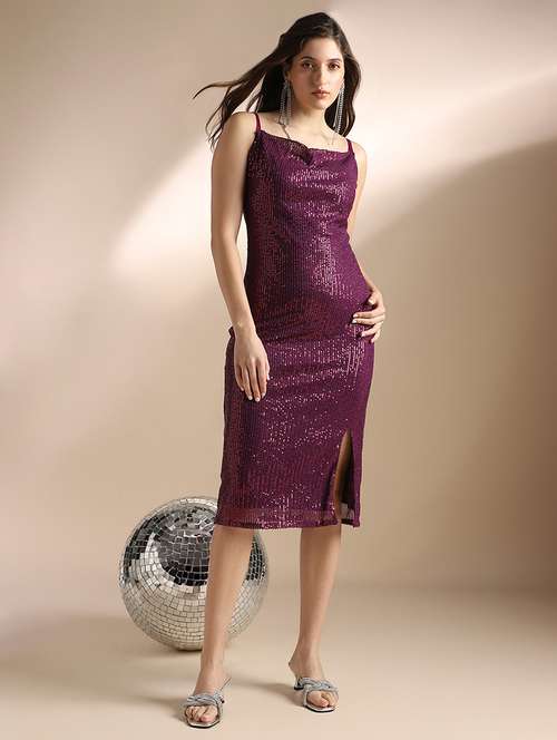 globus women purple cowl neck strappy sleeves sequinned side slit sheath midi party dress - 22052959 - Standard Image - 0