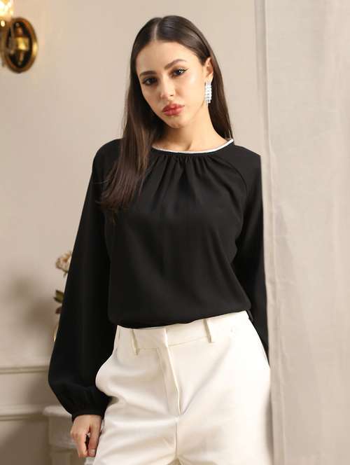 globus women black jewel neck raglan sleeves pleated detail georgette party top - 22052966 - Standard Image - 0